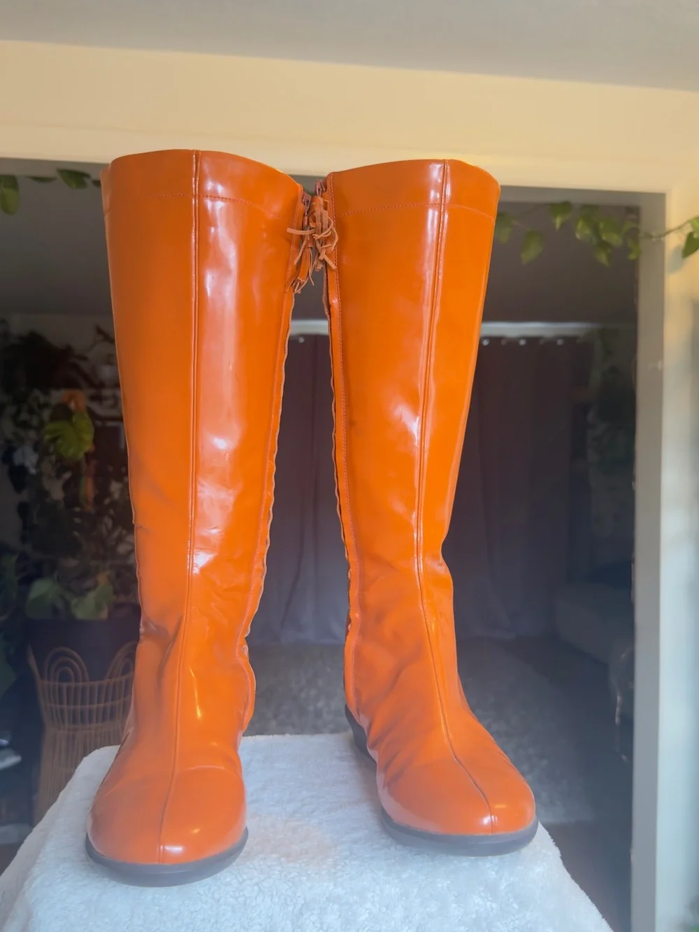 Cole Haan Orange Waterproof Patent Leather Tall Wedge Rain Boots Size 7.5 B